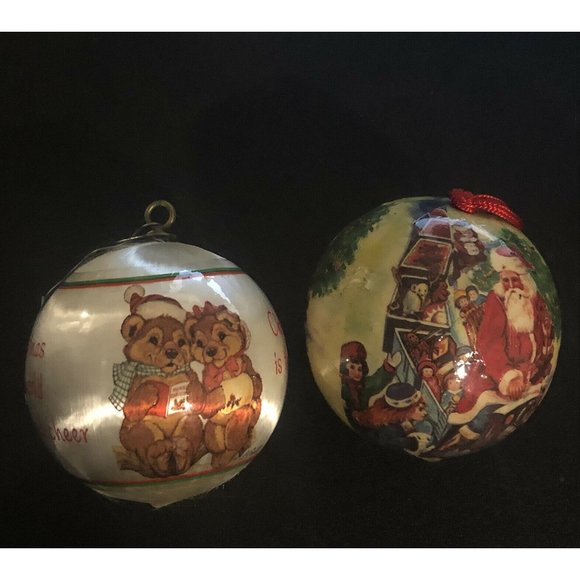 2 Vintage Ball Ornaments LK Powell Animal 1982 Animal Satin Ball Santa On Train - Picture 1 of 12